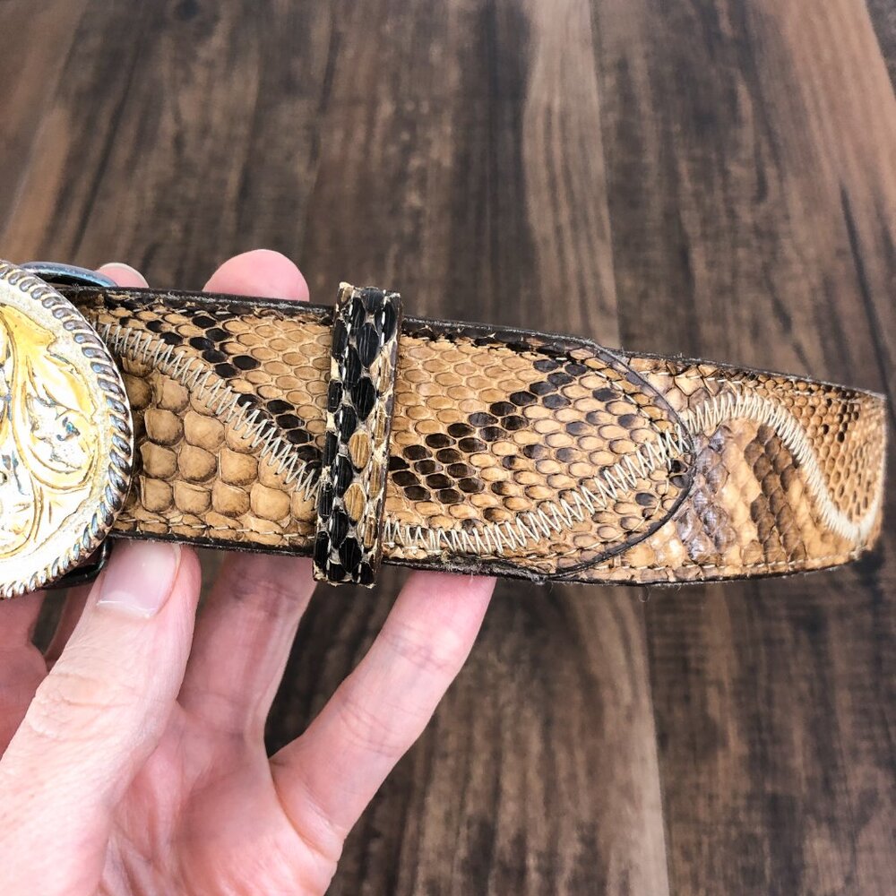 Boot Country VTG Snakeskin Leather Western Belt Large Oval Buckle Size 32 Tan - Picture 3 of 16